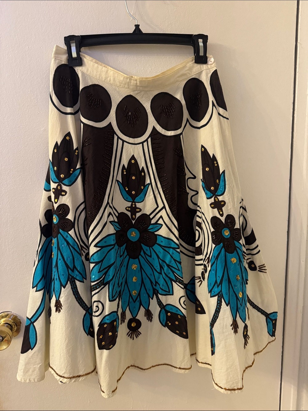 Kaktus Cream Skirt with Turquoise and Dark Brown Floral Motif